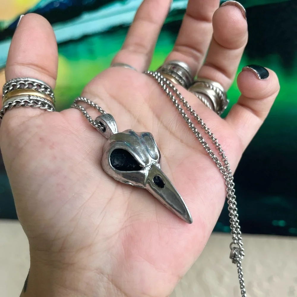 Handmade resin crow raven bird skull necklace (stainless steel chain ) boho goth - Picture 10 of 13
